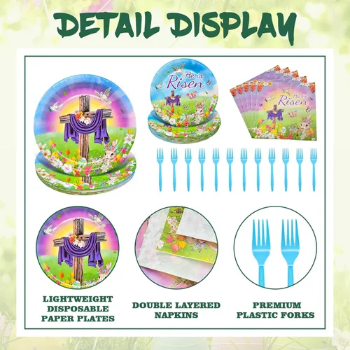 Miniatura 3 de 96 piezas "He is Risen" juego de vajilla para el día de Pascua suministros de fiesta - vajilla desechable con temática religiosa con platos