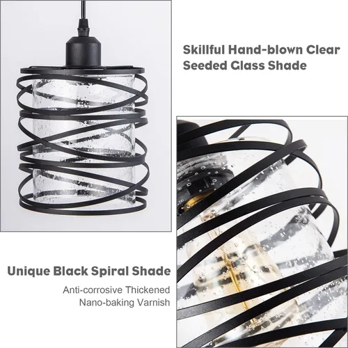 Miniatura 8 de Mini lámpara colgante moderna para isla de cocina, 6.30 pulgadas, jaula espiral negra mate soplada a mano, pantalla de vidrio transparente