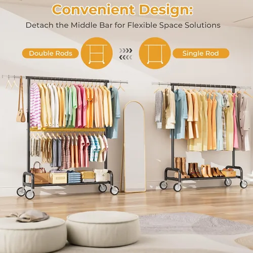 Miniatura 3 de Perchero de ropa resistente con carga de 860 libras, estantes de ropa rodantes de doble barra para colgar ropa, estante de ropa rodante con estantes