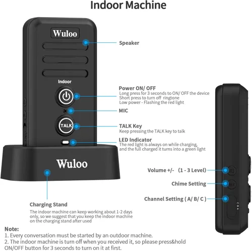 Miniatura 5 de Timbres de intercomunicador inalámbrico para aula en casa, timbre electrónico impermeable Wuloo con rango de 2640 pies, 3 niveles de volumen