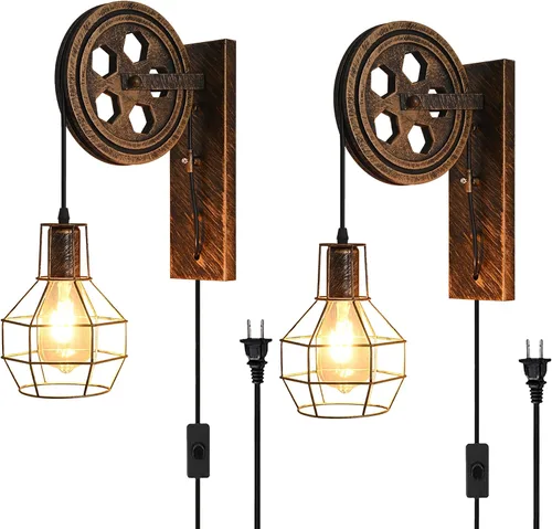 Aplique de pared industrial retro, paquete de 2 lámparas de pared vintage de latón antiguo, lámpara industrial retro lámpara de pared de metal para