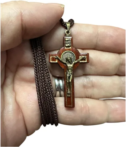 Miniatura 4 de Catholica Shop Collar con medalla de San Benito de madera con crucifijo en cordón para hombres y mujeres – Colgante religioso hecho a mano