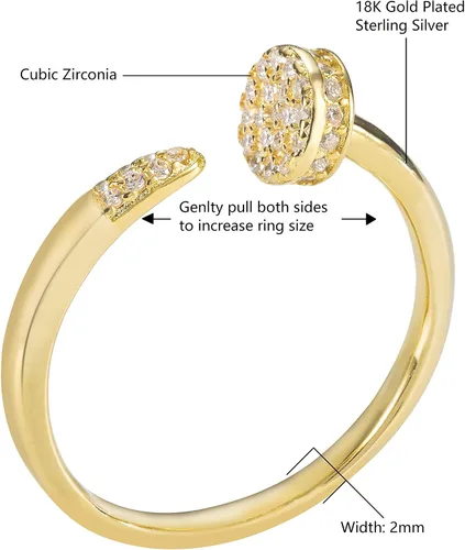 Miniatura 3 de Anillo de plata de ley 925 chapada en oro de 18 quilates, ajustable, para uñas, anillo de boda apilable con circonita cúbica, sin níquel
