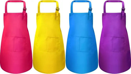 Miniatura 7 de Yaomiao Paquete de 4 delantales para niños, delantal ajustable con bolsillo, para cocinar, hornear, pintura, actividades