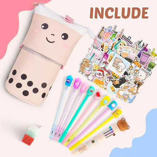 Miniatura 2 de Juego de papelería de té de burbujas, 61 piezas de suministros escolares Kawaii y estuche Boba para niñas, con 8 bolígrafos, 50 calcomanías, bolsa