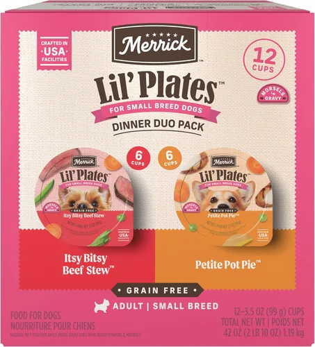 Miniatura 19 de Merrick Lil' Plates - Alimento húmedo sin cereales para perros pequeños, receta Petite Pot Pie, 12 envases de 3.5 onzas
