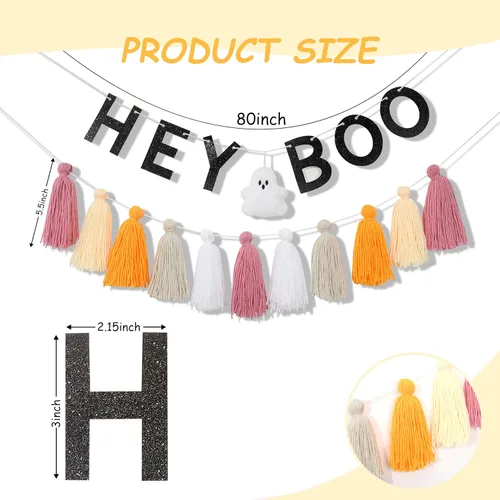 Miniatura 2 de Hey Boo - Pancarta con borlas de fantasma, pancarta de borla de fantasma para Halloween, decoración del hogar de Halloween, pancarta de fantasma