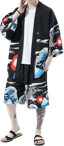PRIJOUHE Conjunto de kimono de estilo japonés para hombre, ligero, casual, con siete mangas, frente abierto, cárdigan y pantalones cortos