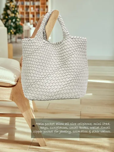 Miniatura 7 de KALIDI Bolso de playa de mano de paja Bolso de hombro a rayas cosido PU mango de cuero Zippe Viaje Compras Picnic