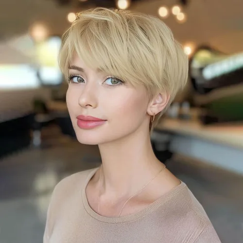 Miniatura 19 de Creamily Peluca corta rubia de corte Pixie con flequillo para mujer, pelucas sintéticas en capas onduladas con raíces oscuras para mujer, peluca
