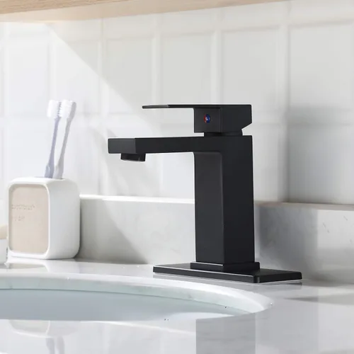 Miniatura 8 de Grifo de lavabo de baño de latón de una sola manija con escudo, tapón de drenaje desplegable y mangueras de suministro de agua, negro mate, 14253