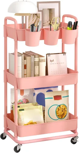 Miniatura 8 de JIUYOTREE - Carro utilitario de almacenamiento rodante de plástico de 3 niveles con tazas colgantes extra, mangos, ruedas con bloqueo para sala