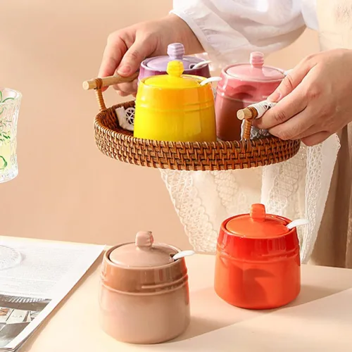 Miniatura 2 de Kichvoe Tarro de cerámica para condimentos con cuchara, recipiente de sal, contenedor de azúcar, botella de almacenamiento de condimentos