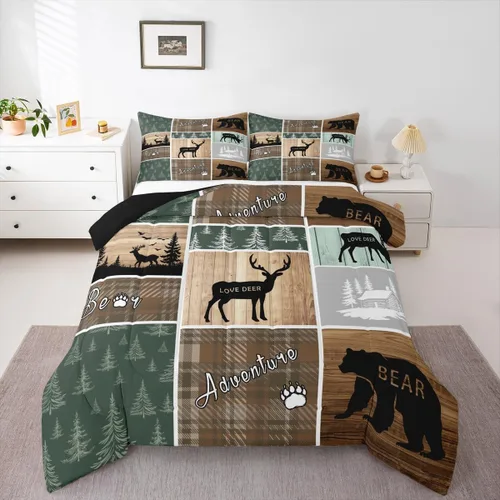 Miniatura 77 de Juego de edredón de oso y ciervo, tamaño individual, ropa de cama de animales salvajes de caza, colcha rústica de cabaña, casa de campo, cuadros