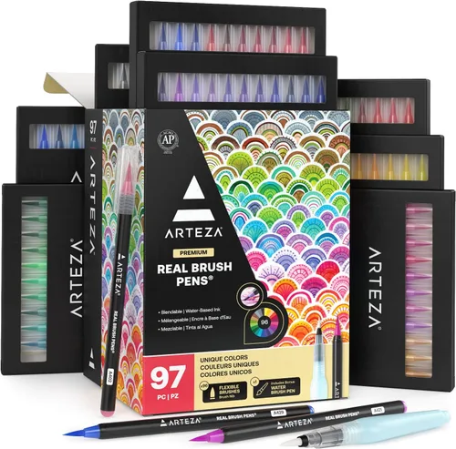 ARTEZA - Bolígrafos de pincel reales, 96 marcadores de acuarela, marcadores de dibujo con puntas de pincel flexibles, marcadores de acuarela para