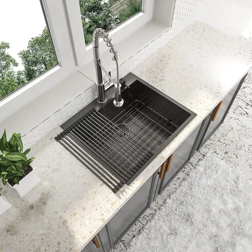 Miniatura 7 de Fregadero de cocina de 25 pulgadas, fregadero de un solo cuenco, color negro mate, calibre 18, 25 x 22 pulgadas, acero inoxidable, montaje superior