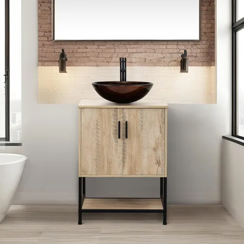 Miniatura 57 de UEV Tocador de Baño de Roble Rústico de 24" con Lavabo, Conjunto de Gabinete de Baño con Marco de Hierro Industrial con Puertas y Estante, con Combo