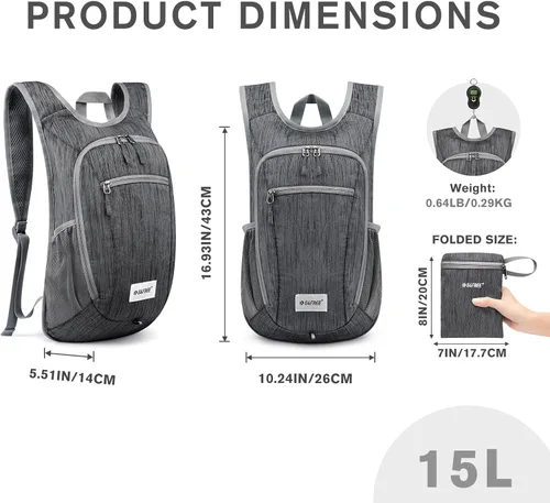 Miniatura 3 de G4Free 10L/15L Mochila para Senderismo Plegable Ligera, Mochila de Día para Caminatas, Pequeña, Viaje al Aire Libre, Bolsa de Hombro Plegable Negro