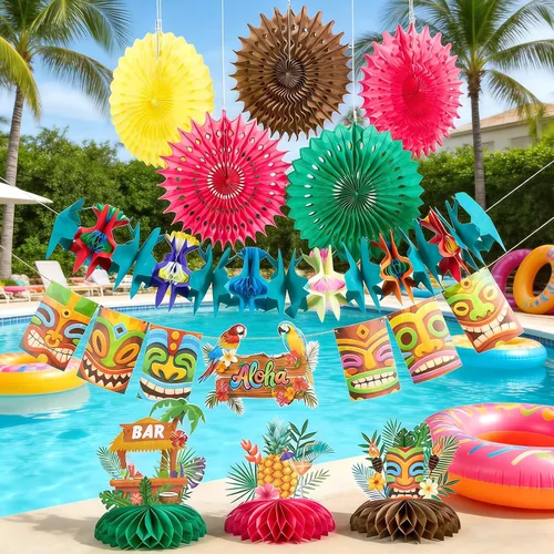 Miniatura 6 de Paper Jazz Decoraciones de fiesta hawaiana para cumpleaños, decoración de fiesta tropical para Tiki Bar, pancarta de Aloha con centro de mesa Luau