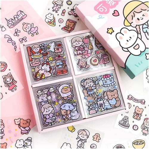 Juego de calcomanías kawaii (100 hojas) - Lindas calcomanías transparentes de animales de dibujos animados y flores para álbum de recortes, Doudou