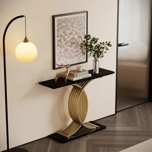 Miniatura 5 de Mesa consola de 43.3 pulgadas con patas de metal entrelazadas doradas, mesa de entrada decorativa negra y dorada, 43.31 x 11.69 x 31.5 pulgadas