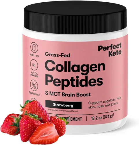 Perfect Keto - Polvo de péptidos de colágeno con proteína y aceite MCT, colágeno hidrolizado, suplemento de tipo I y III, sin gluten alimentado con