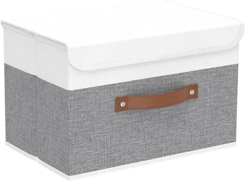 Miniatura 25 de Yawinhe SNK024BEN-1 Cajas de almacenamiento plegables, cestas apilables de tela de lino, contenedor con tapa y asa de cuero, lavable, para el hogar