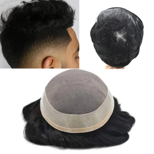 Miniatura 8 de Pieza de pelo para hombre, tupé, duradero, fino, mono, sistema de reemplazo de cabello humano real para hombre, extensiones de pelo de tupé