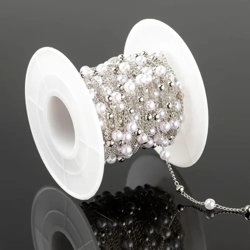 Miniatura 8 de UMAOKANG Cadenas de cuentas de perla de imitación de 10 metros con 4 mm de diámetro con carrete, eslabones de cadena de latón a granel para hacer