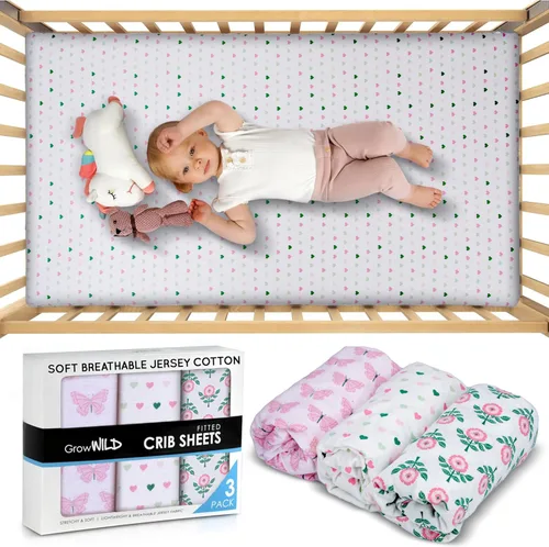 Miniatura 2 de GROW WILD Juego de 3 sábanas para cuna, suaves y elásticas, de algodón, para cuna, para niñas, lindas sábanas para bebé niña (corazones y flores)