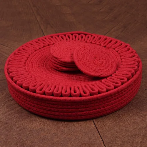 Miniatura 4 de AHHFSMEI Juego de manteles individuales redondos tejidos a mano de jacinto de agua natural de jacinto de agua tejido a mano para mesa de comedor Rojo