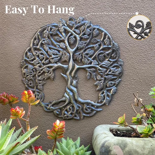 Arte de pared de árbol de la vida, redondo de 17.25 pulgadas, decoración de arte de metal haitiano, árboles genealógicos celtas, placa moderna,