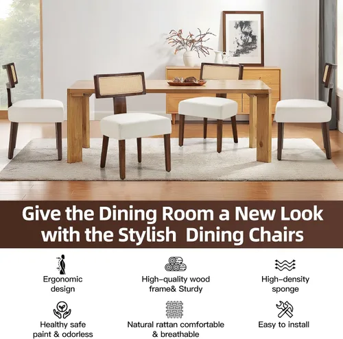 Miniatura 2 de ZJhome Juego de 2 sillas de comedor tapizadas de ratán, sillas de comedor de tela moderna de mediados de siglo con marco de madera dura marrón