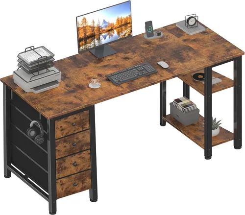 Miniatura 9 de Lufeiya - Escritorio de computadora de 55 pulgadas con 4 cajones de tela y estantes de almacenamiento, escritorio de escritura, trabajo y estudio