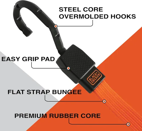 Miniatura 2 de BLACK+DECKER Correas elásticas planas de 48 pulgadas, paquete de 2 Non Scratch Steel-Core Hooks & Textured Grip Pad, Easily Stretch and Secure