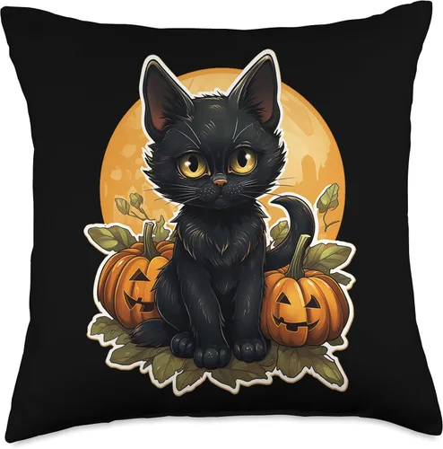Cat Lover Gifts & Halloween Gifts & Spooky Gifts Almohada negra de calabaza y gato de Halloween, 18 x 18, multicolor