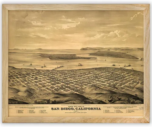 1876 San Diego Panoramic Map -Vintage 11x14 Framed Poster, Antique Historical Map Wall Art for History Lovers, Aerial View of Coastal California,