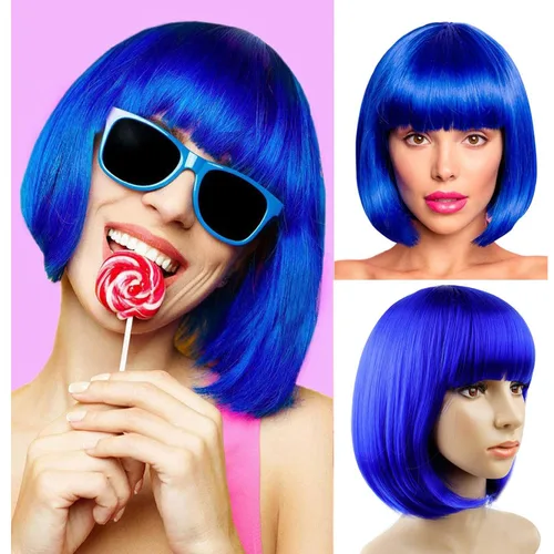Miniatura 2 de Peluca azul Bob con flequillo de 12 pulgadas, peluca azul real corta de fibra sintética Bob para mujer, pelucas cortas Bob y peluca de cosplay