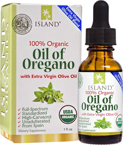 Island Nutrition, Aceite de orégano orgánico en gotas líquidas (1 fl oz) - Mezcla de aceite de orégano orgánico y aceite de oliva, cultivado en