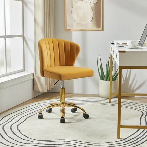 Miniatura 8 de HULALA HOME Silla de escritorio de oficina en casa con ruedas doradas, pequeña y linda silla de tocador con respaldo para dormitorio, asiento