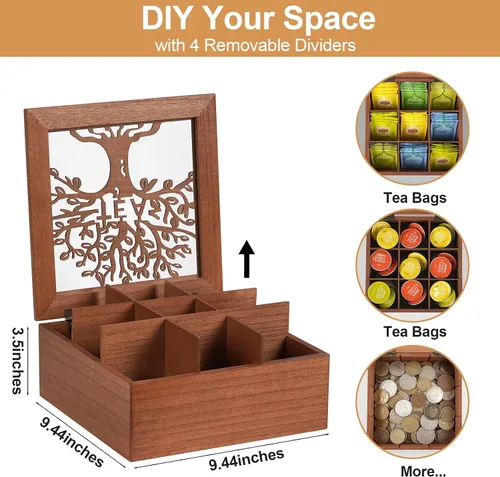 Miniatura 5 de Organizador de caja de té de madera, organizadores de té y almacenamiento con patrón de árbol, soporte para bolsa de té, caja organizadora