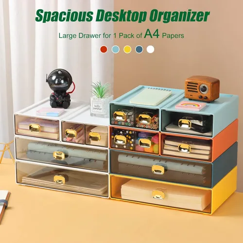 Miniatura 6 de Amplios cajones de escritorio, organizador de escritorio apilable, caja de almacenamiento de plástico para oficina, escuela y suministros para el 4