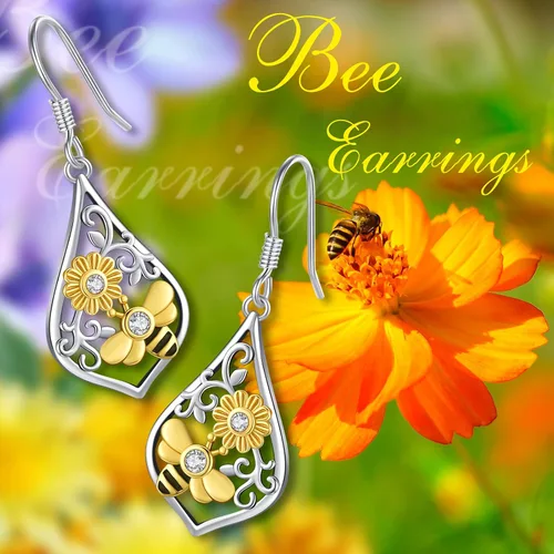 Miniatura 178 de Aretes colgantes de plata de ley con diseño de árbol de la vida, flor, abeja, animales, gato, colibrí, piedra lunar, turquesa, aretes con cierre