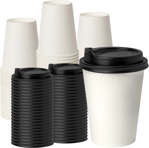 Miniatura 12 de RACETOP Tazas de café de papel de 12 onzas, paquete de 100 tazas de café desechables negras con tapas, tazas de papel caliente con tapas, taza