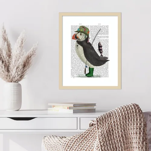 Miniatura 4 de Amanti Art Framed Wall Art Print 21x17 Puffin Fishing by Fab Funky, Animals Wall Art, Whimsical Decor, Small Poster Painting Artwork for Living