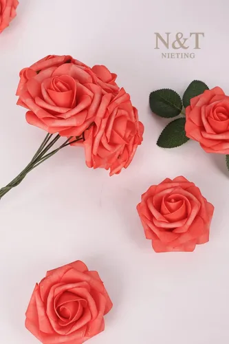 Miniatura 4 de N&T NIETING Flores artificiales, 25 rosas falsas de espuma de coral de aspecto real con tallos para ramos de boda, centros de mesa de despedida
