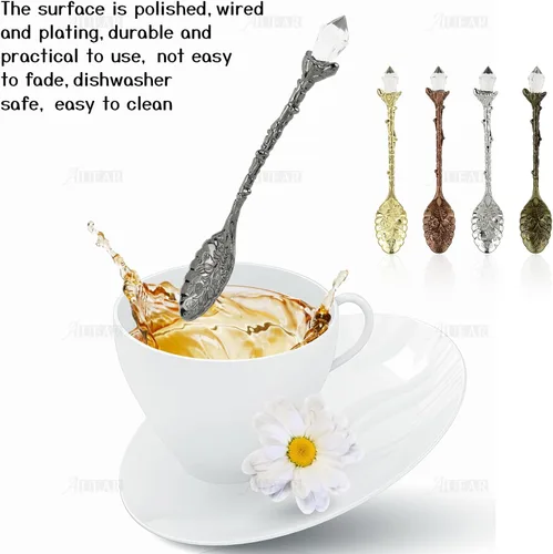 Miniatura 3 de AUEAR, Juego de cucharas decorativas de aleación antigua de cristal retro, para café, té, postre, mini helado, para oficina en casa (paquete de 5)