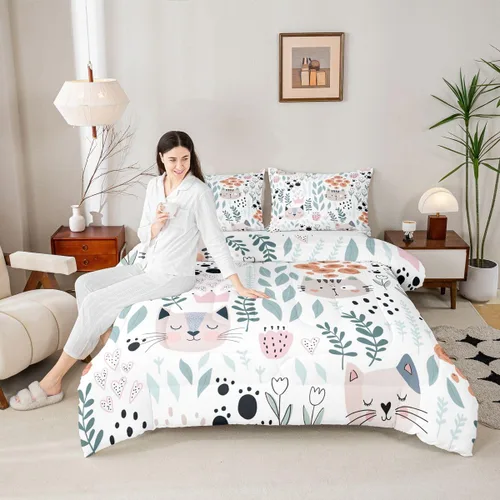 Miniatura 4 de Juego de ropa de cama tamaño individual para niñas y niños, juego de edredón de dibujos animados de animales y gatos, decoración de habitación