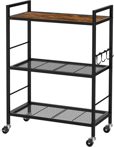 Estante de almacenamiento de metal de 3 niveles con ruedas industriales, estantería de malla con mesa de madera, estante ajustable, 23.6 pulgadas de