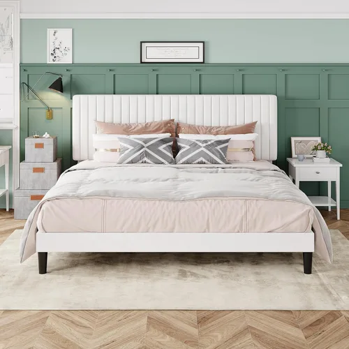 Miniatura 21 de Allewie - Base de cama tamaño King con cabecera acolchada tapizada en terciopelo y diseño acanalado vertical ajustable; plataforma de cama con base